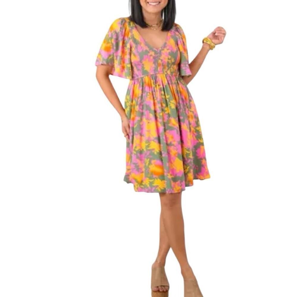 White Birch Dress Size Medium Colorful Olive Leaf Print Fit and Flare Boutique